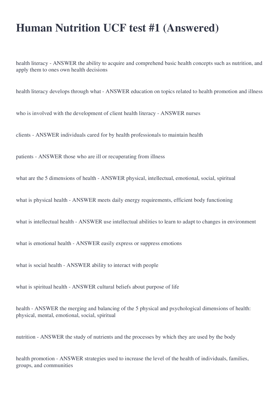 Preview image for Human Nutrition UCF test #1 (Answered)